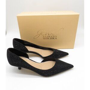 Badgley Mischka Teegan Black Satin Rhinestone Kitten Heel Pointed Toe Shoes 7